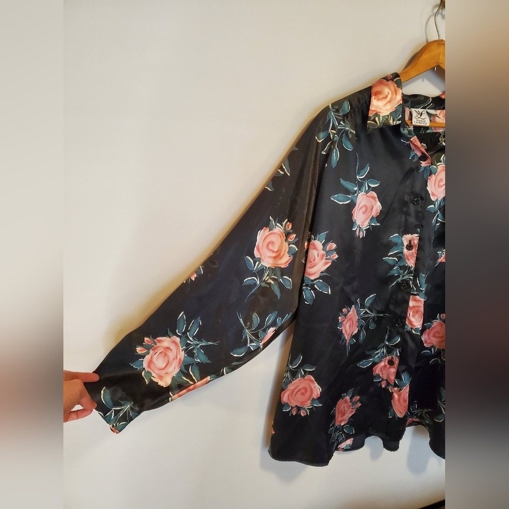 Black Floral Button Down Pajama Shirt - Picture 8 of 9